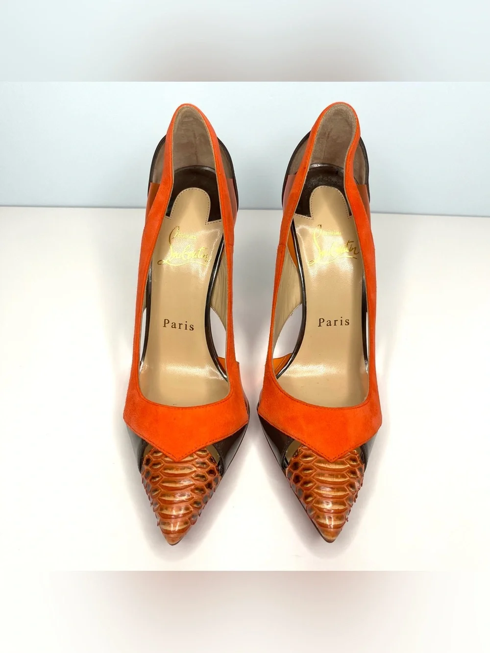 NEW Christian Louboutin Women's Size 36 Orange Suede Snake Pumps Stiletto Heels
